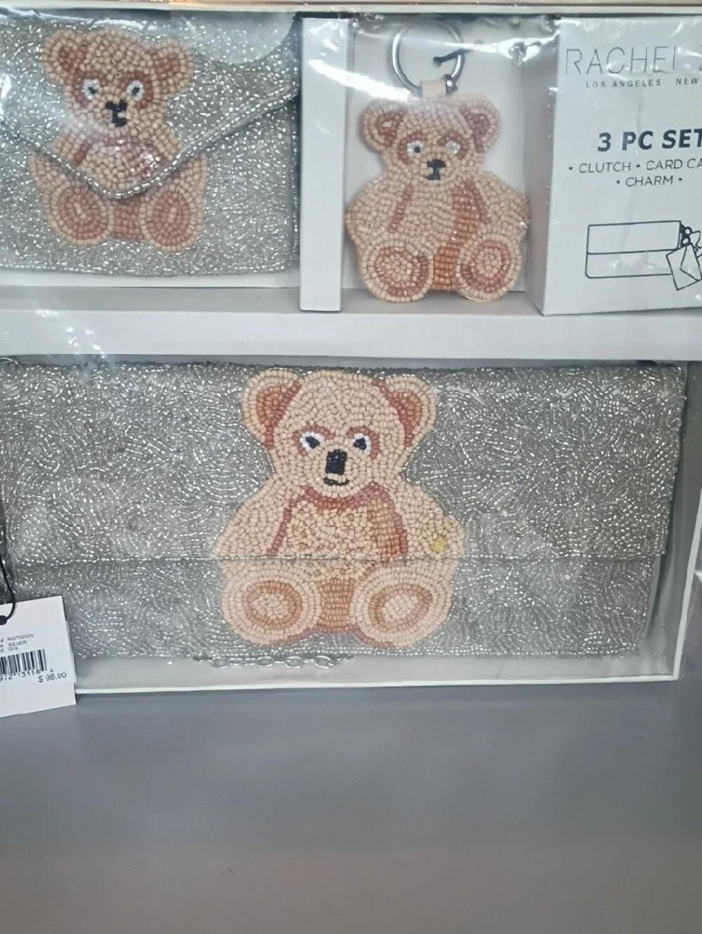 Rachel Zoe Silver Glitter Teddy Bear Clutch & Keychain Set with Card Case Adults